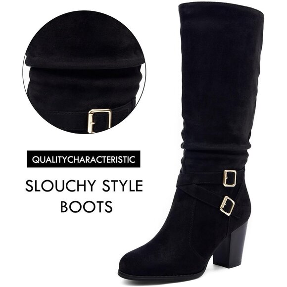 Women Black Mid Knee High Boots Chunky Heel Slouchy Metal Buckle Winter Shoes - Picture 3 of 5